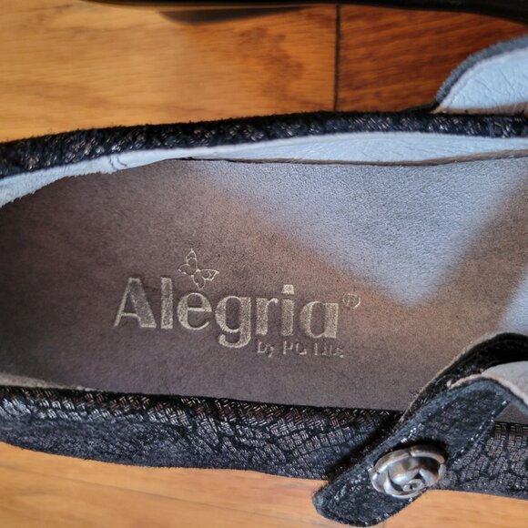 Alegria Black Metallic Floral Rose Leather Mary Jane Wedge Heels 8.5 FLA 553 - Picture 9 of 10